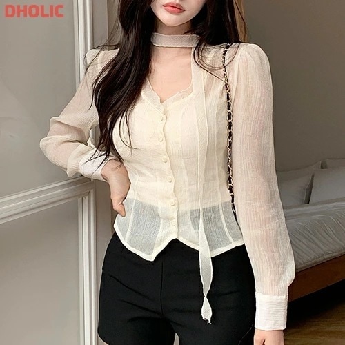 [メガ割りSALE]ストラップ付Vネックシースルーブラウス