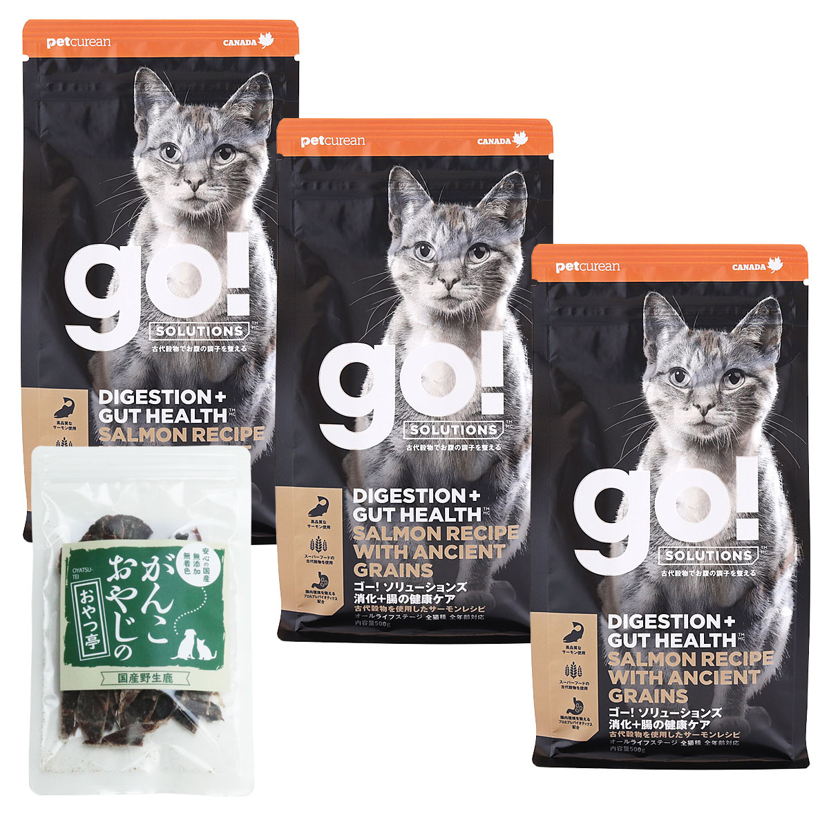 GO! ゴー ソリューションズ キャット 消化+腸の健康ケア 古代穀物 サーモン 500g×3袋【国産鹿肉ジャーキー(お試しサイズ)付き】キャットフード