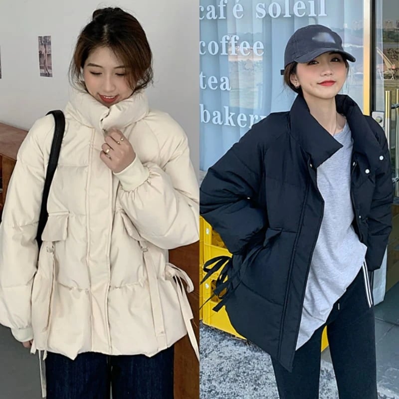 2色 ダウン ジャケット レディース l ショート丈 アウター もこもこ 暖かい おしゃれ リボン 個性的 ダウンコート ウエスト 絞り 冬 アプリコット ブラック 黒 長袖 ジッパー ポ