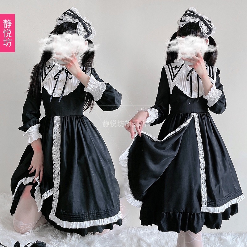 クロスメイドロリータブラックロリータロングスリーブドレスネイビーカラーソフトガールダークスタイルゴシックレトロロリータ