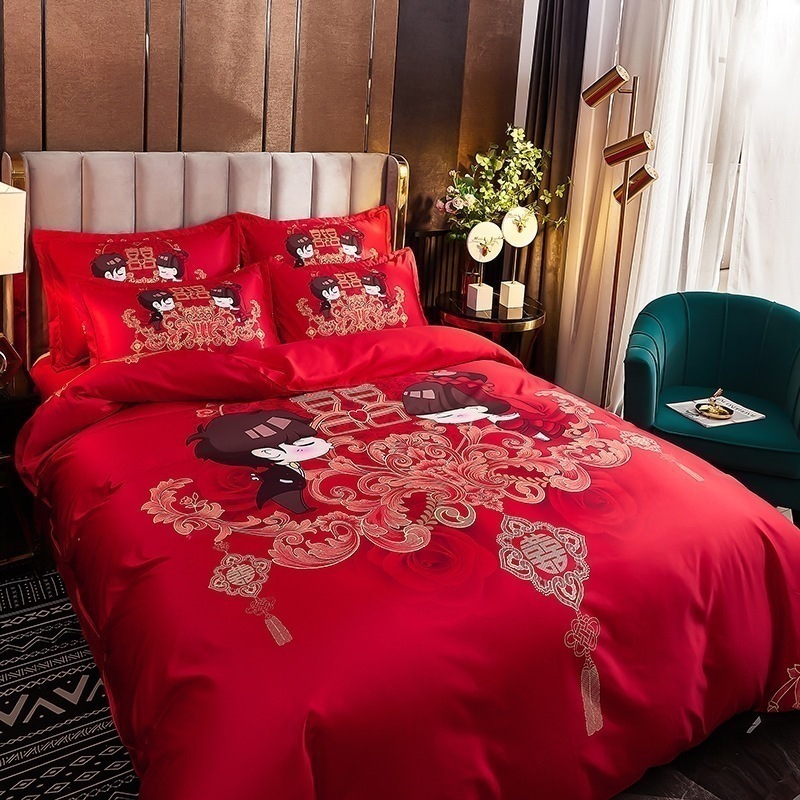 今の流行シンプルな結婚式赤大柄キルトカバーシートスタイル 4 点セット新婚キルト寝具 4,800円
