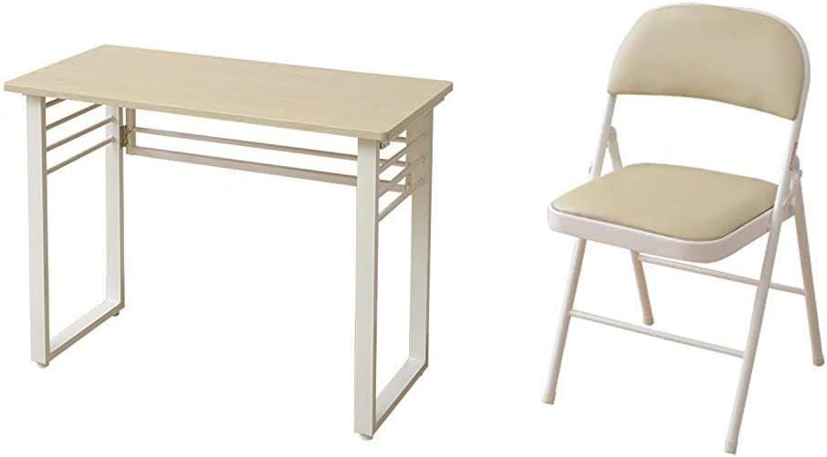 折りたたみ デスク 幅90×奥行45×高さ70cm コンパクト アジャスター付き 組立品 ナチュラルメイプル/アイボリー HPST-9045(NM/IV) 在宅勤務 & 折りたたみ パイプ 椅子 座面
