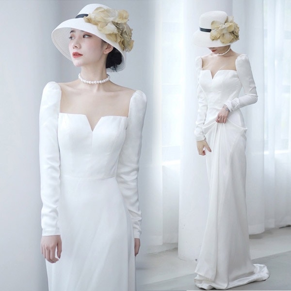 花嫁 ウェディングドレス ファスナー 長袖 シンプル 白ドレス ワンピース 花嫁 結婚式 二次会 披露宴 前撮り 後撮り 撮影用 ビーチフォト フォトウェディング 小さいサイズ ドレス ロング トレー