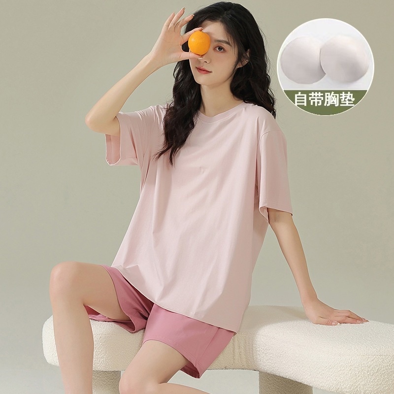 【1点購入 で10点 プレゼント】チェストパッドを持つパジャマの女性の女性の女性の丸いネックセットアウトドアウェアの快適な色