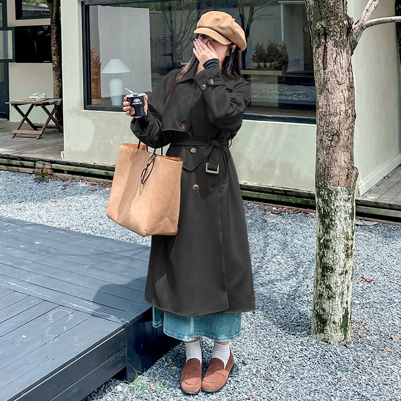 太い mm シルエットラペル襟ダブルブレストロングウインドブレーカー女性 2024 秋の新しいベルトをカバーする肉ジャケット 331712