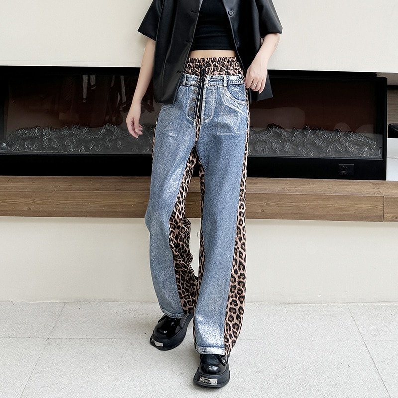 【J.Fashion】 2024秋冬新品 豹柄ドッキング デニムパンツ ジーンズ ゴム スラックス レディース ロングパンツ メガ割30%までに制限 6,420円