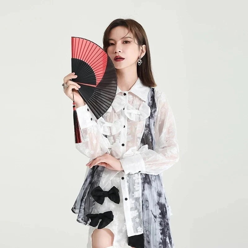 【J.Fashion】 秋 レース ブラウス 蝶結び ドッキング シャツ プリーツ レディース おしゃれ 関連商品は店で購入可能 メガ割30%までに制限