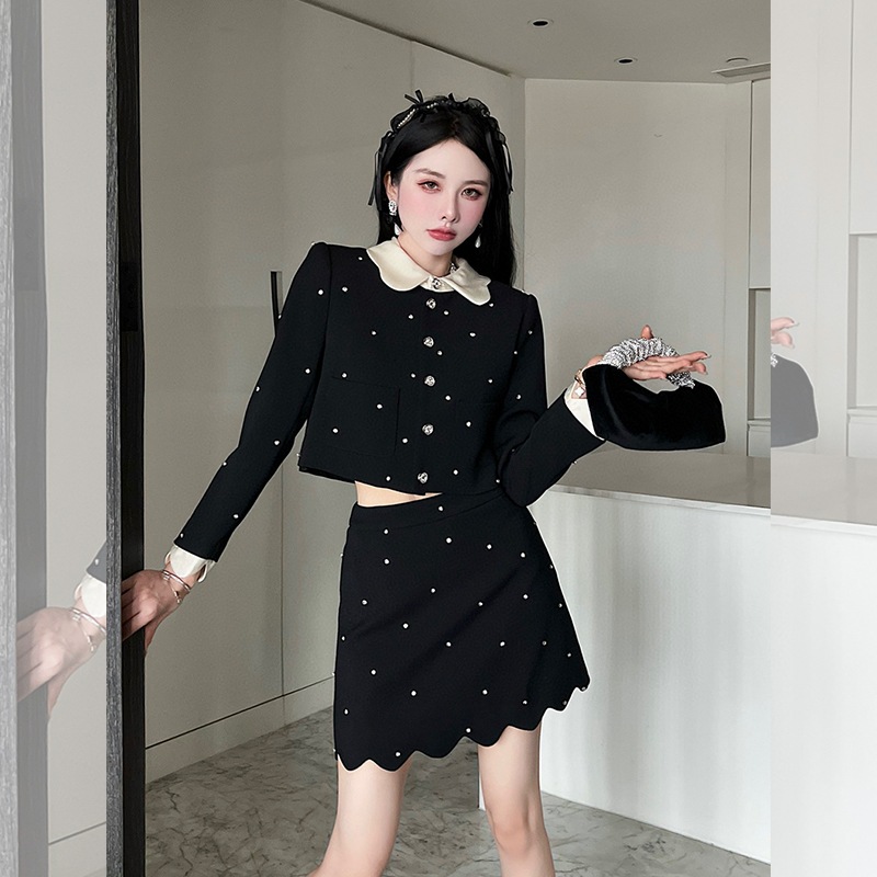 優し気な雰囲気2点セット2024黒釘ドリル小柄スーツスカート 4,859円