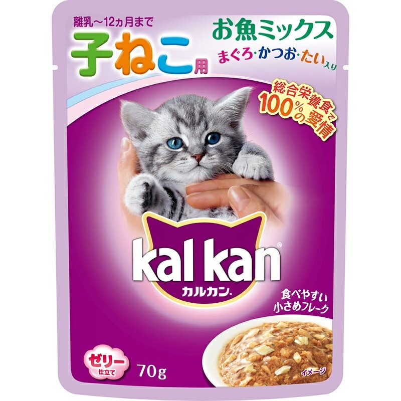 （まとめ買い）マース カルカン パウチ 12ヵ月までの子ねこ用 ゼリー仕立て お魚ミックス まぐろ/かつお/たい入り 70g [x40]