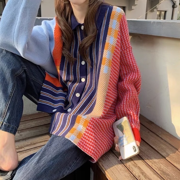 トップス カーディガン 長袖 襟付き シャツカラー アシンメトリー デザイン ボタン 美ライン レイヤード 伸縮性 ヴィンテージ風 ニット リメイク風 リラックス かわいい 大人可愛い きれいめ