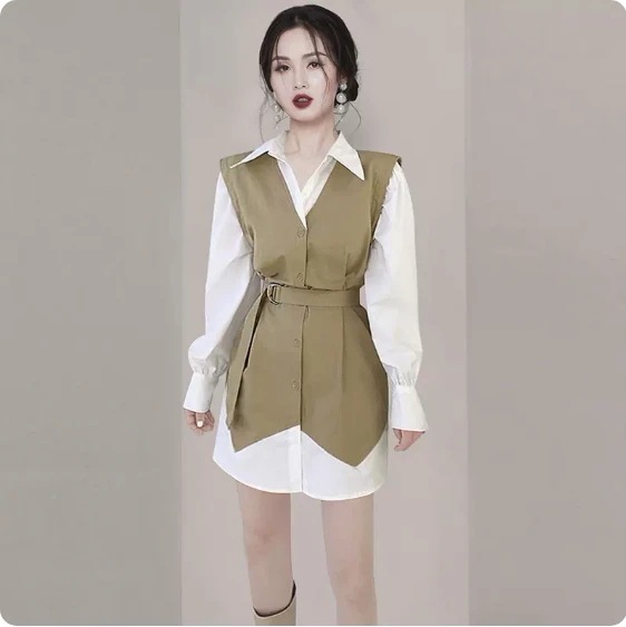 シャツワンピース ハイウエスト スカート ワンピース シャツ ミニスカート ミニ ミニ丈 膝上 袖あり 長袖 襟付き 細身 Aライン 切り替えデザイン ウエストマーク かわいい 大人可愛い おしゃれ