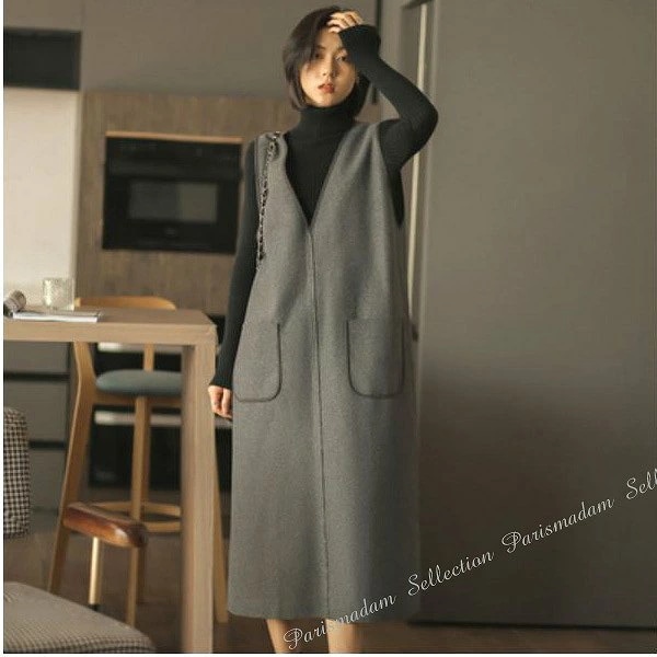 【激安販売】大人ジャンバースカート　ダブルポケット　ひざ下丈　ミセス　グレー　ほっそり効果大 20代30代40代50代 sec