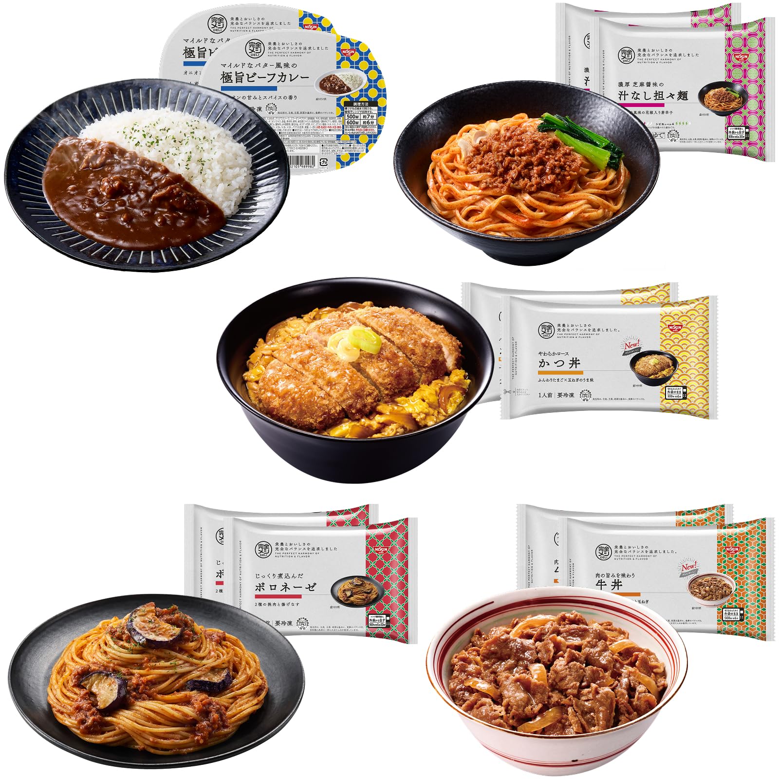 完全メシDELI 日清食品 冷凍 10食お試しセット かつ丼 牛丼 欧風カレーライス ボロネーゼ 汁なし担々麺 各2食 たんぱく質 食物繊維 冷凍弁当 冷凍食品 冷凍パスタ 冷凍麺