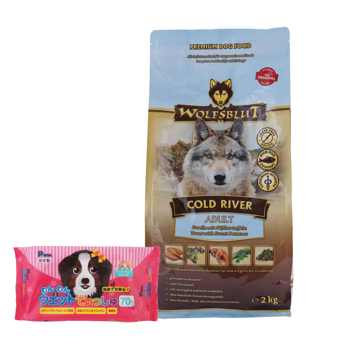 ウルフブラット アダルト コールドリバー(マスとスイートポテト)2kg【わんわんウエットてぃっしゅ1個付き】