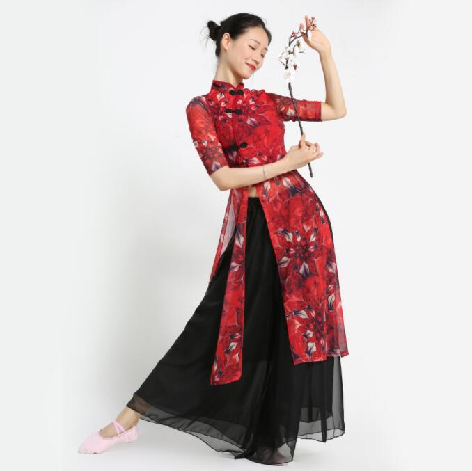 古典ダンストップス 中華風 透け感ブラウス ロング丈 花柄チャイナドレス レディースダンスウェア ダンス練習着 団服 レッスン着 ダンス稽古 コンクール ダンス競技 舞台衣装 古典ダンス/ヨガ/バレエ