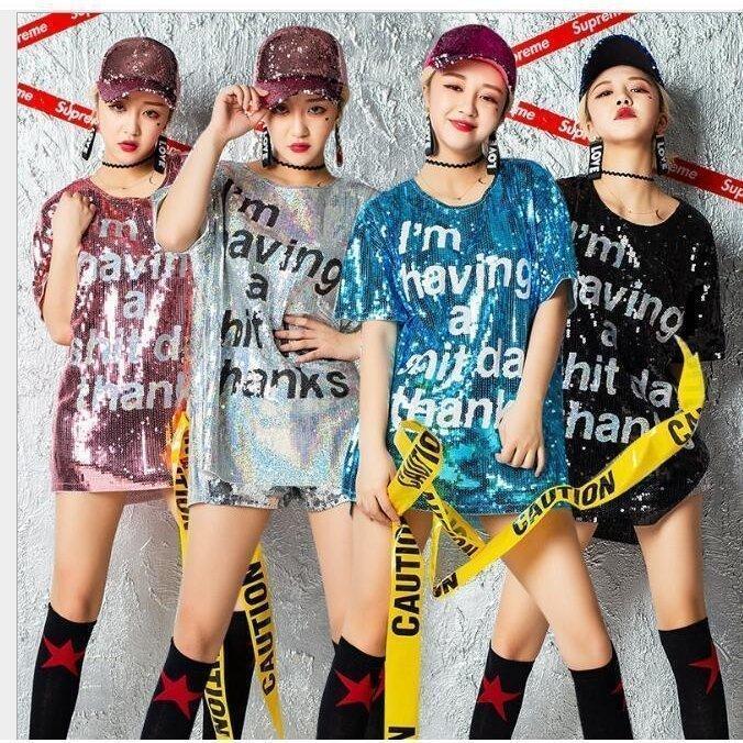 7月最新デザイン&20%OFFレディーススパンコールｔシャツ ジャズダンスジャズホップダンス衣装 ヒップホップ夜店クラブ衣装レディーススパンコールｔシャツ ロングシャツ ダンス衣装 ダン ロングシャツ