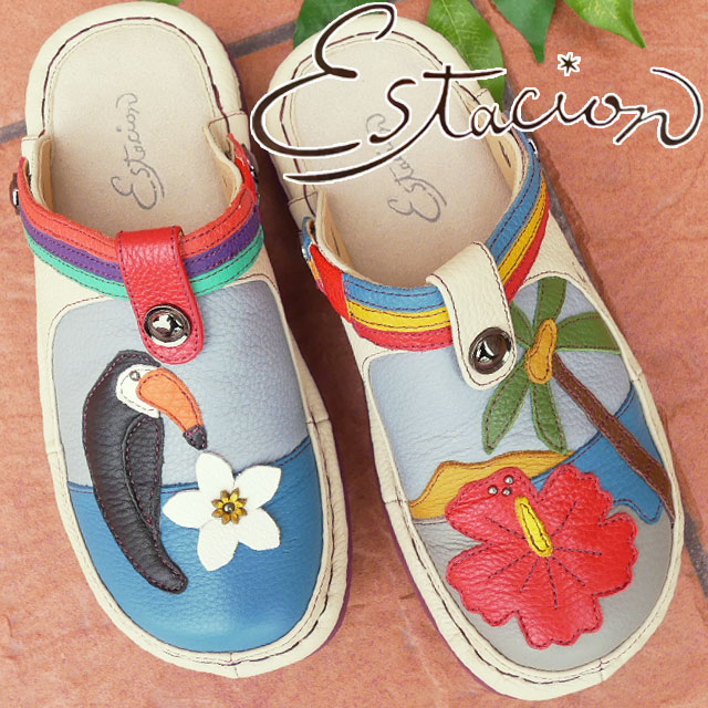 エスタシオン レディース 厚底 履きやすい クロッグサンダル 疲れない サボサンダル 痛くない カジュアルシューズ 歩きやすい コンフォートシューズ サマーモチーフ TGE494B アイボリー/マルチ