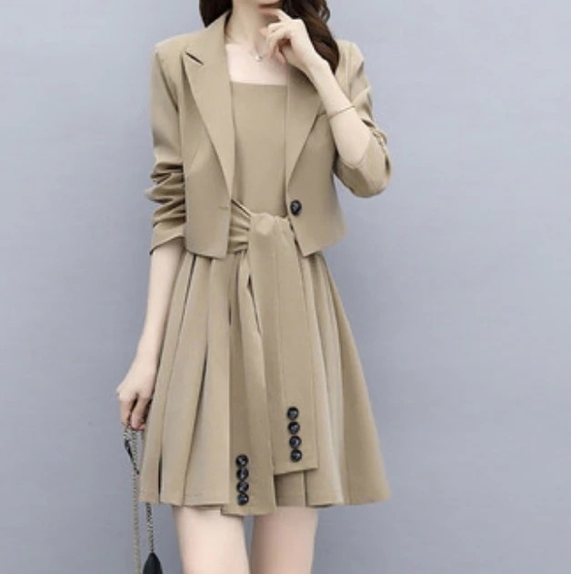 ワンピース ジャケット レディース ショート 長袖 サスペンダー ウエストマーク セット かわいい 大人可愛い きれいめ 大人 上品 おしゃれ 春 秋 デート ベージュ グレー ブラック アウター