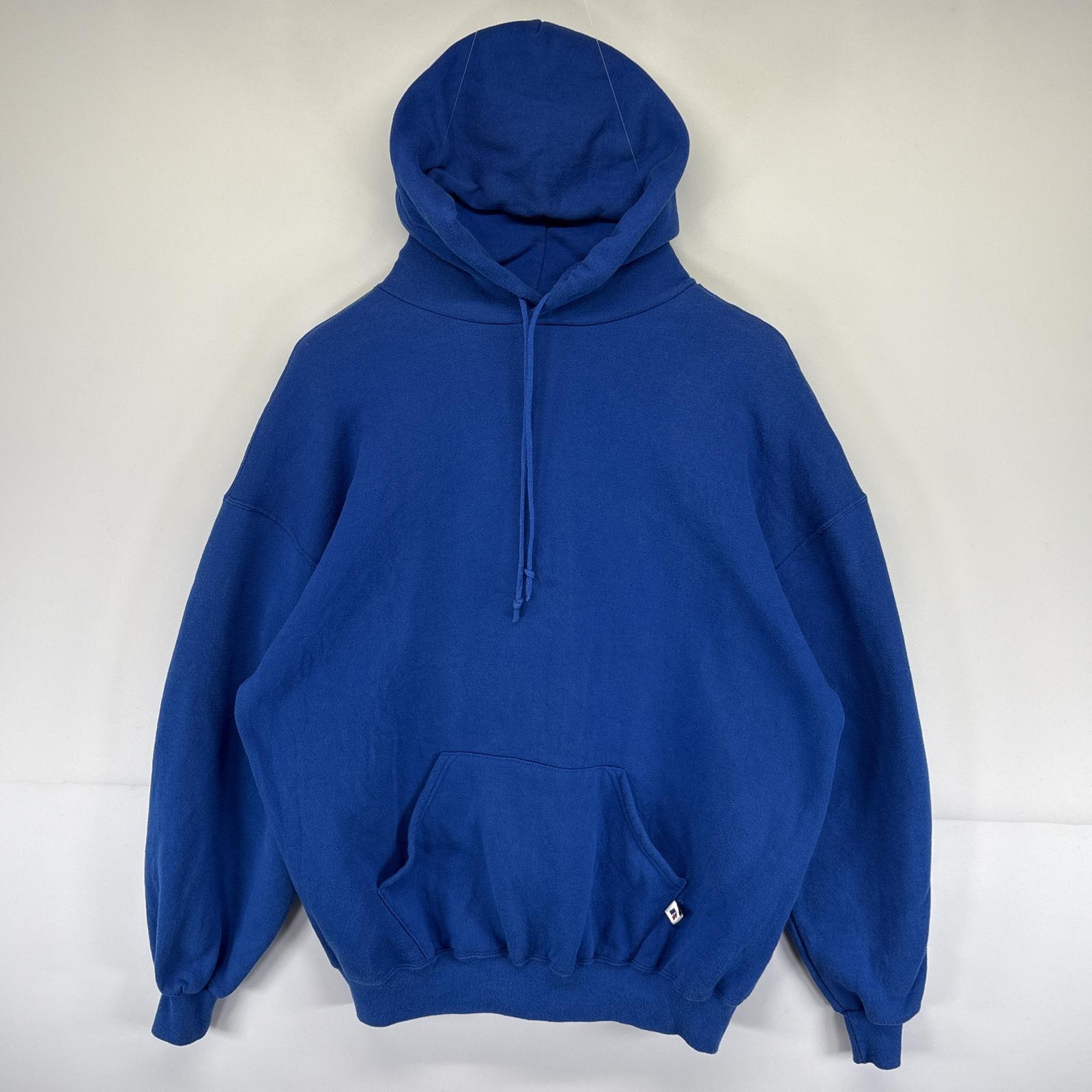 古着 90s/90年代 USA製 パーカー 無地 スウェット プルオーバー フーディ 大きいサイズ XXL ブルー メンズ