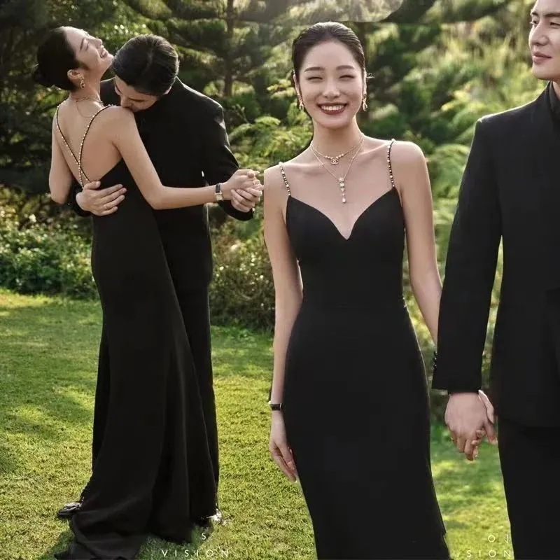花嫁ロングドレス ワンピース パーティードレス人気 2023 高級感 新作 気質 結婚式ワンピース 結婚式 ドレス韓国ファッション ブラックドレス