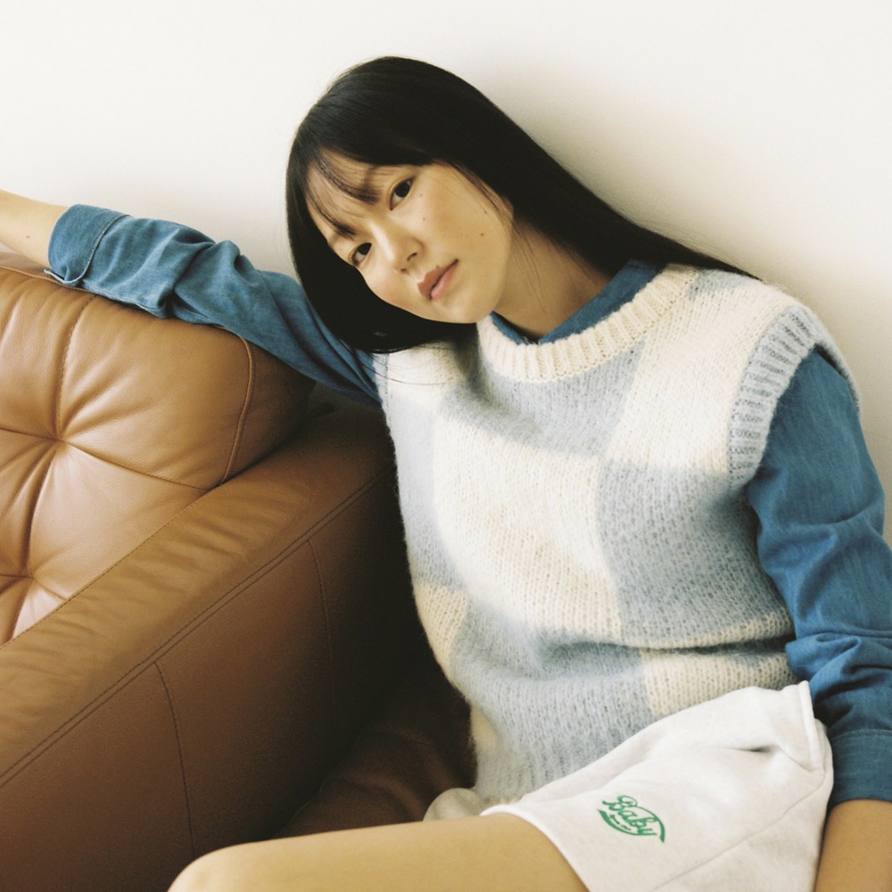 Call me baby 22fw ふゆ 新作! CMB Checker Alpaca Vest (Sky Blue)