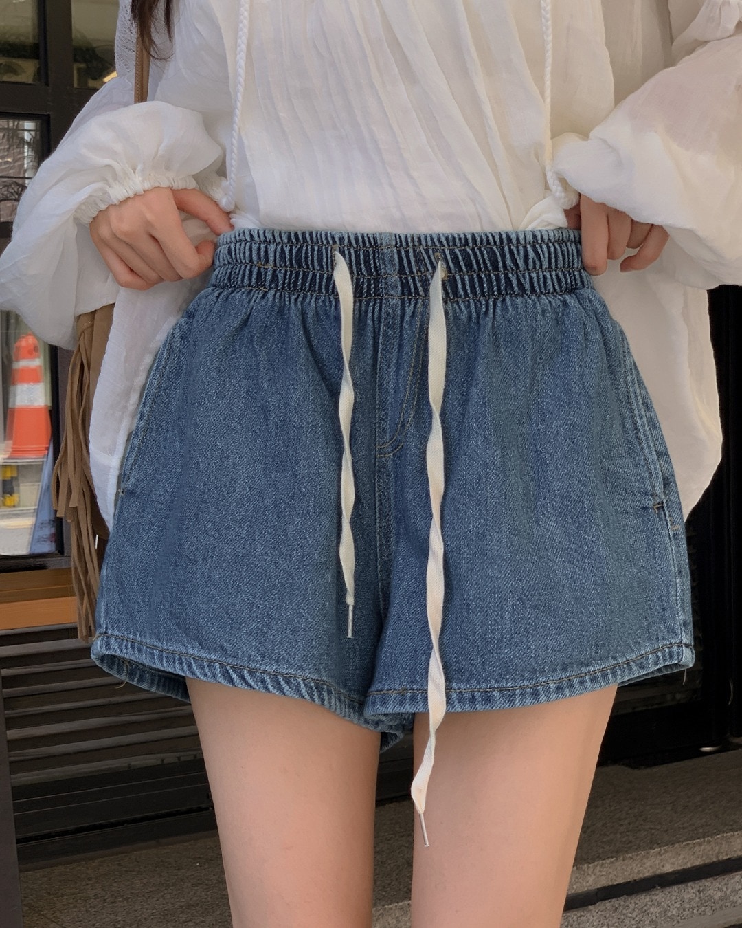 ディワンバンディングデニムショートパンツ韓国ファッション レディース