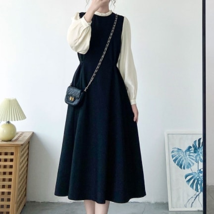 シンプルロングワンピース ワンピース ロング丈 長袖 ハイネック Aライン フリル かわいい