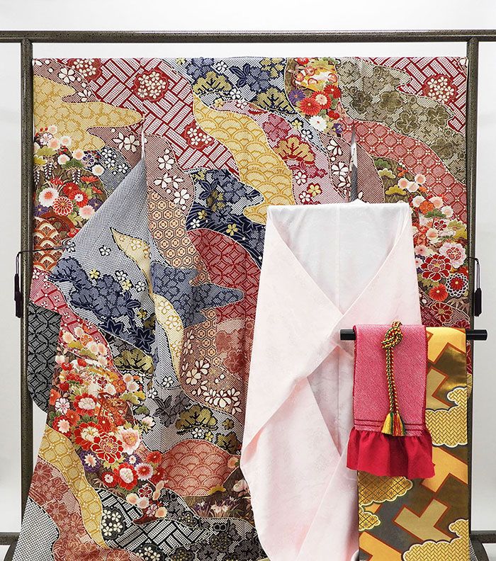 振袖 正絹 四季花匹田貝桶模様 5点セット 身丈172.5cm 裄丈69cm 袋帯 長襦袢 帯締め 帯揚げ 振袖セット リサイクル 中古 着物 e4084