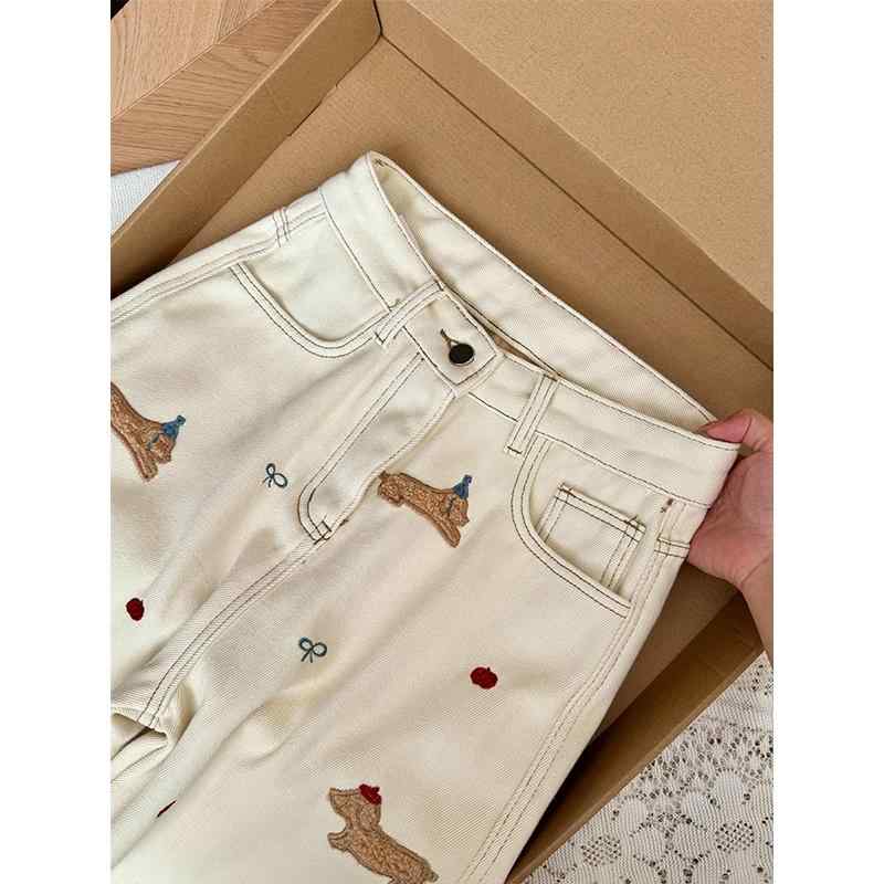 デニム パンツ ボトムス レディース 裏起毛 刺繍 春秋 ハイウエスト ジーンズ スリムフィット ストレート フロア レングス ワイドパンツ 白 犬