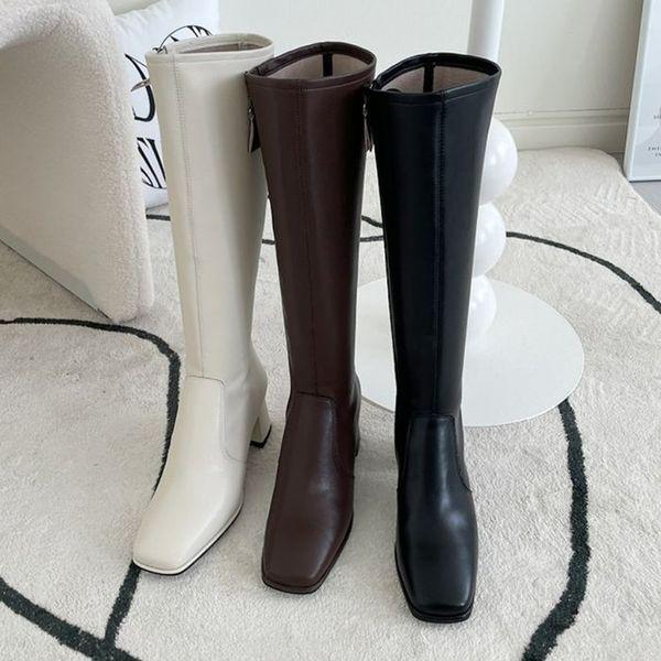 / 女性 ベーシックフィット モダン ブロックヒール レザー ロングブーツ 3color