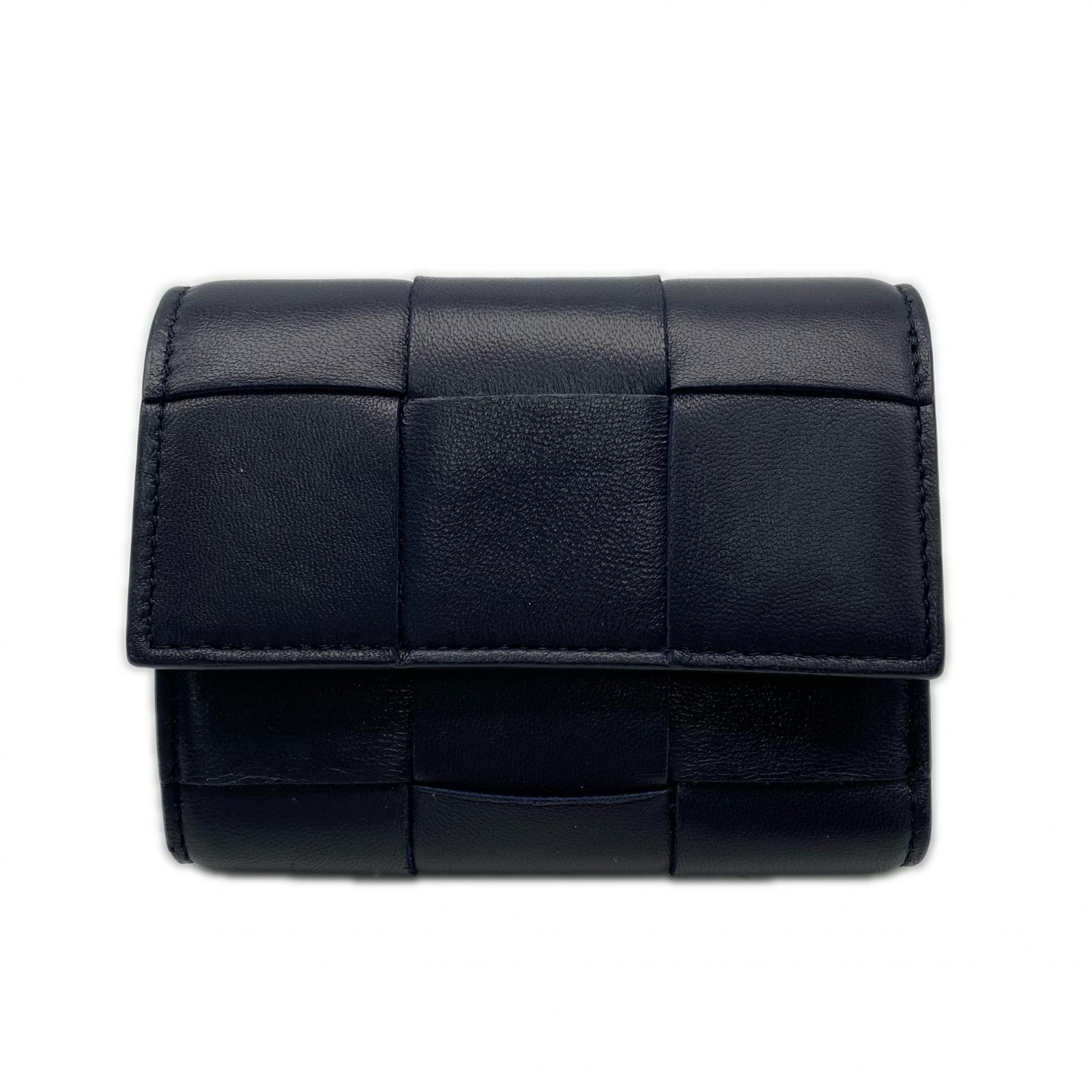 3日以内返品可 美品 三つ折り財布 カセット 三つ折り財布 651372 ネイビー ラムスキン レディース