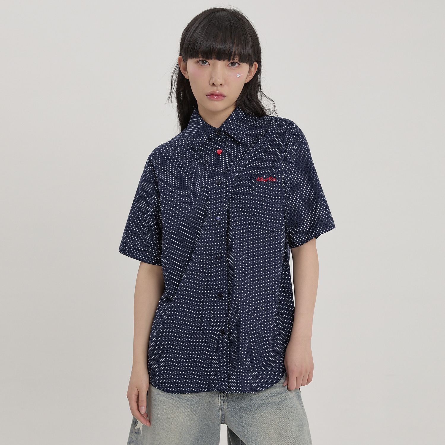 Scarf SET Dot Half Sleeve Shirt NAVY