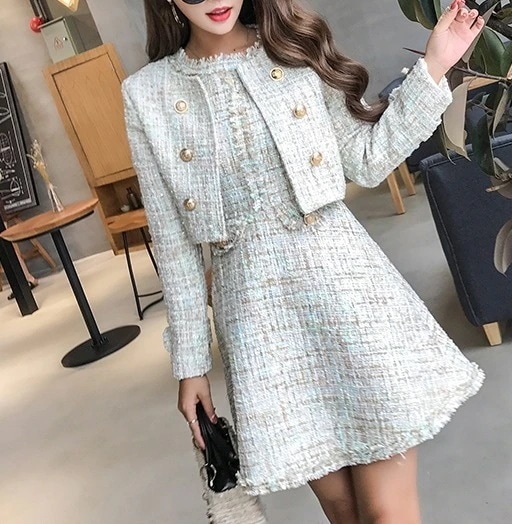 フリンジツイードジャケットワンピースツーピース膝丈ミニドレスエレガントでエレガントエレガントすっきり 9,979円