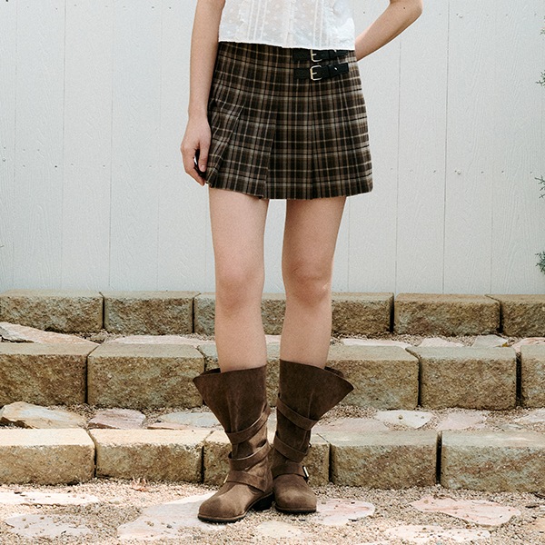 BUCKLE CHECK PLEATS MINI SKIRT BROWN
