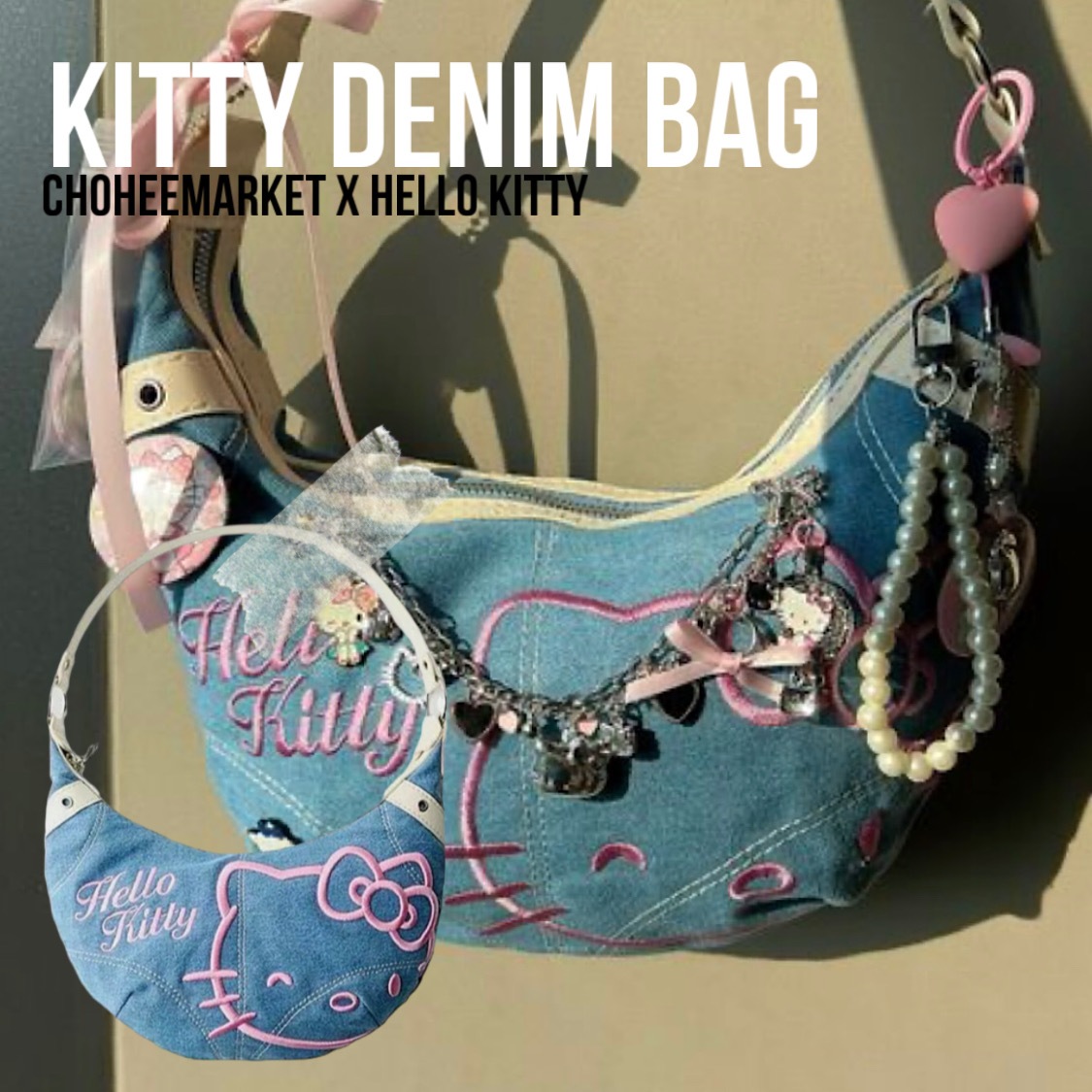 [hello kitty](authentic) y2k kitty denim bag,Shoulder bag