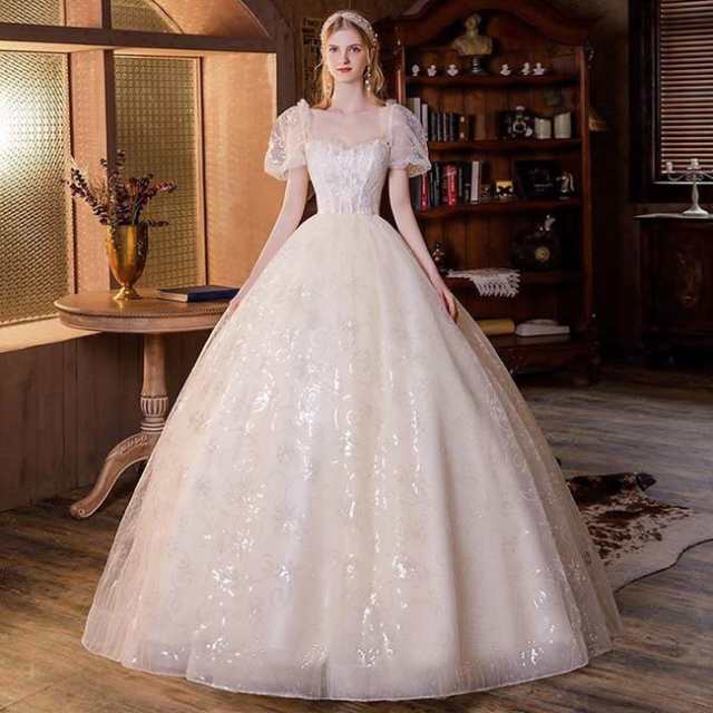 花嫁 ウェディングドレス ライトシャンパン 大きいサイズ 袖あり 着痩せ ぽっちゃり 結婚式 二次会 ドレス 締め上げタイプ