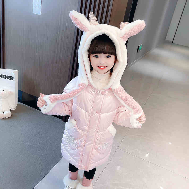 人気 新作 かわいい 子供用綿入れ冬着女の子供用 90-160cm厚手綿入れ子供用冬に動く耳用空気ダウン綿入れ