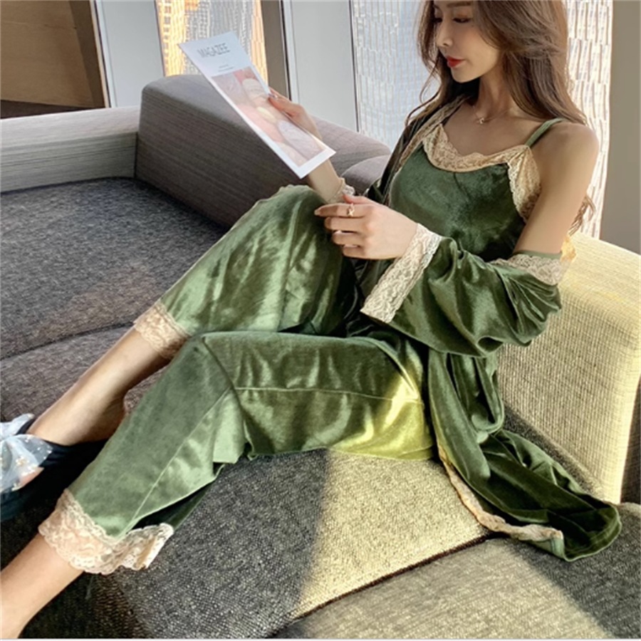 ルームウェア 部屋着 ナイトウェア パジャマ 6色 上下セット 3点セット ロング マキシ 袖あり 長袖 キャミソール ガウン エレガント 可愛い 大人可愛い きれいめ シンプル