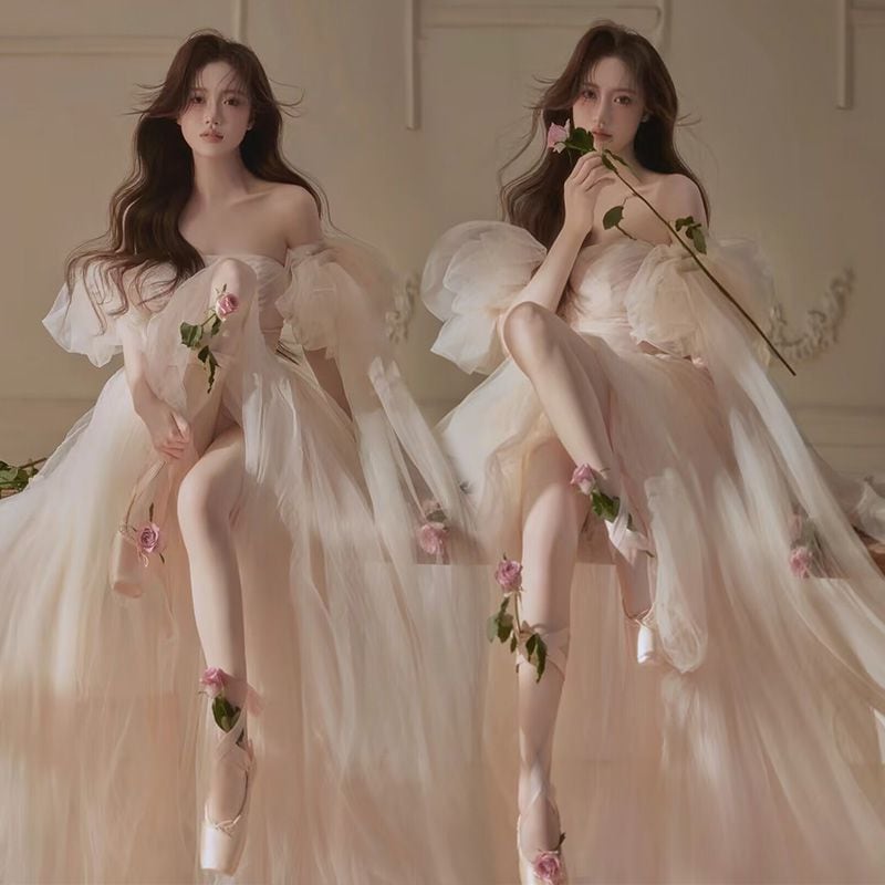 フォトスタジオ写真服ウェディングドレス森風スーパードリームドレスエレガント耽美系雰囲気ガーゼスカート