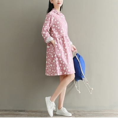 1106．ドット柄カジュアルシャツワンピース（ピンク）