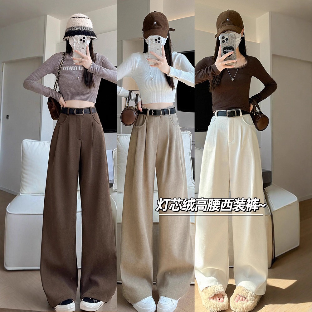 レディース コーデュロイ ワイドレッグパンツ 秋冬新作 スリム ハイウエスト ストレートレッグ スーツパンツ ゆったり カジュアル ルーズフィット フリース裏地パンツ