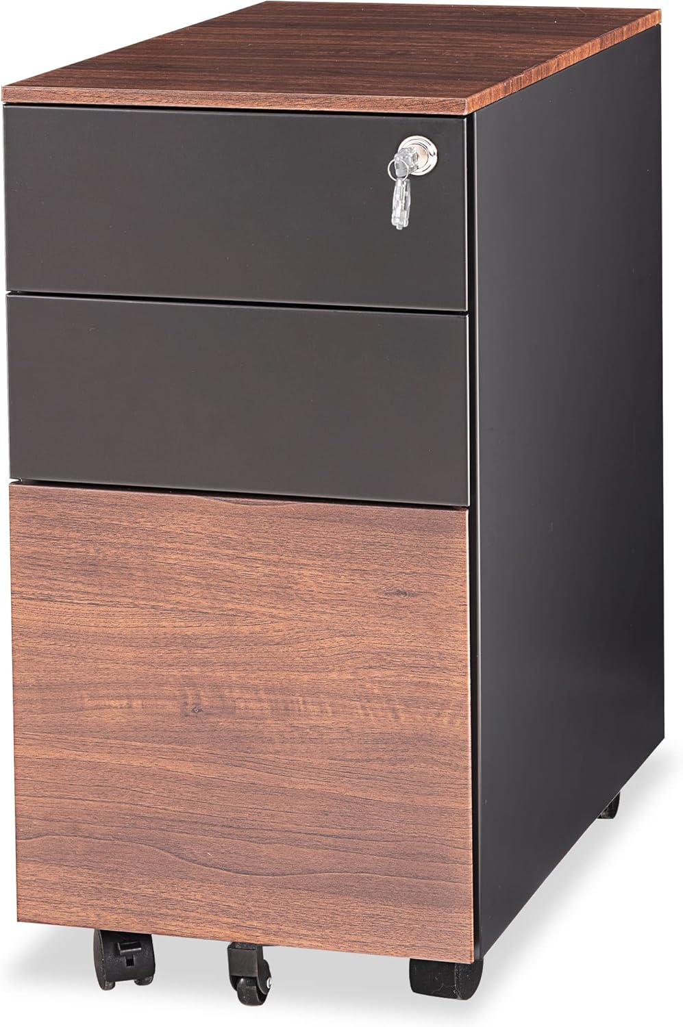 【完成品】Fenge デスクワゴン スチール製 オフィスワゴン サイドワゴンキャビネット 袖机 キャスター付き 鍵付き 3段オールロック 大容量 A4対応FC303001MB