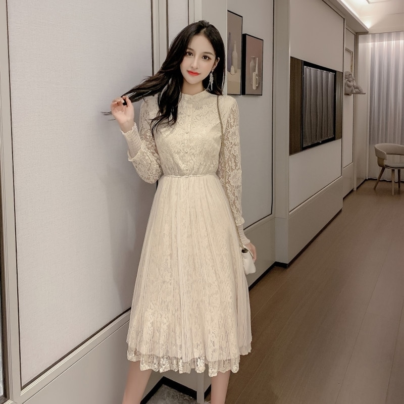 フランスビンテージ スカート ワンピース レース ワンピドレス 膝丈 ひざ丈 膝下 ミモレ ミモレ丈 7分丈 ミディアム丈 袖あり 長袖 萌袖 Uネック ラウンドネック 襟なし 切り替えデザイン