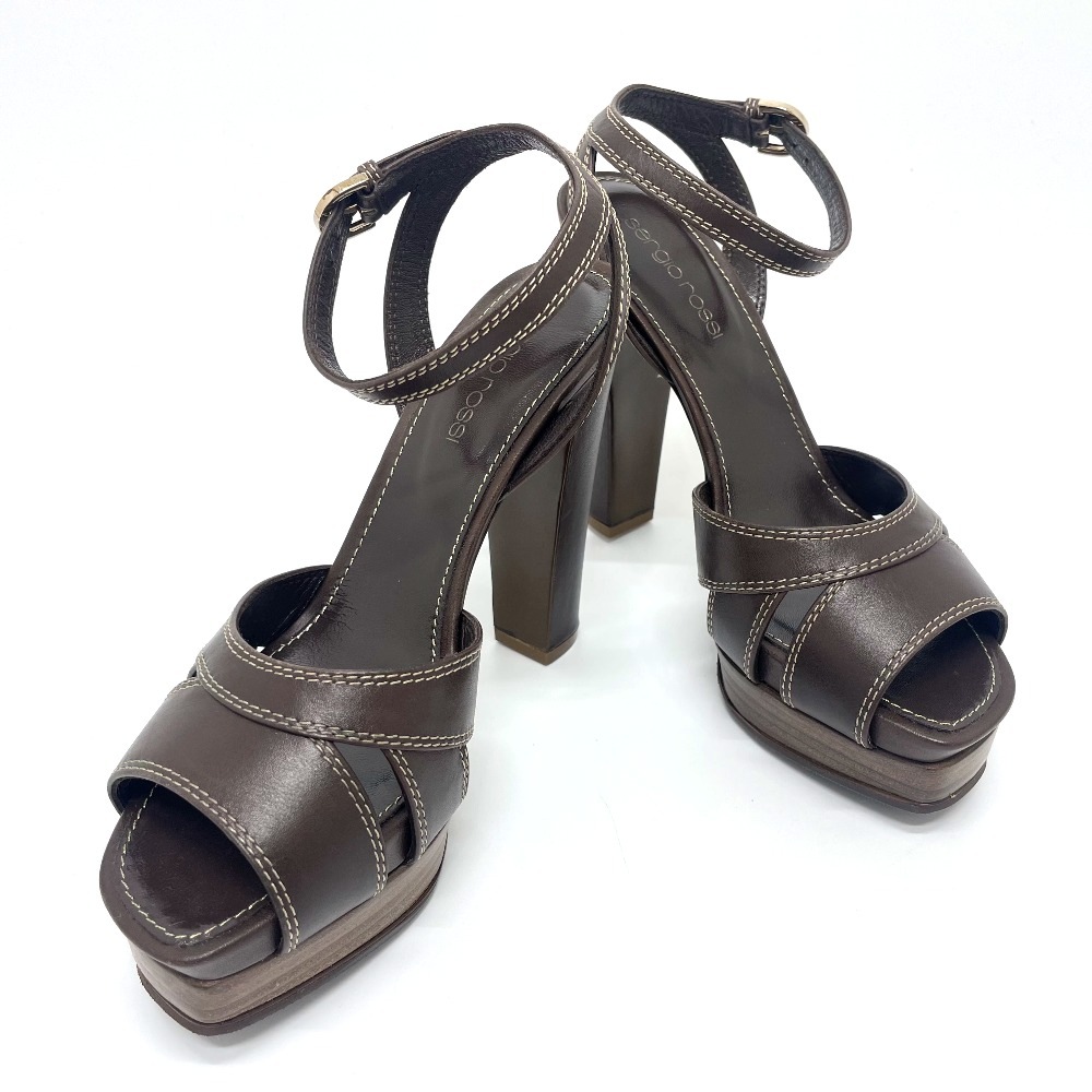 Sergio Rossi セルジオロッシ サンダル ブラウンレザー アンクル ストラップ ハイヒール レザー ブラウン