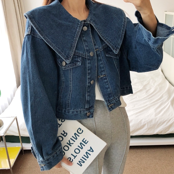 韓国ファッション パフ セーラー ビッグカラー クロップ デニム ショート デニムジャケット 5,712円