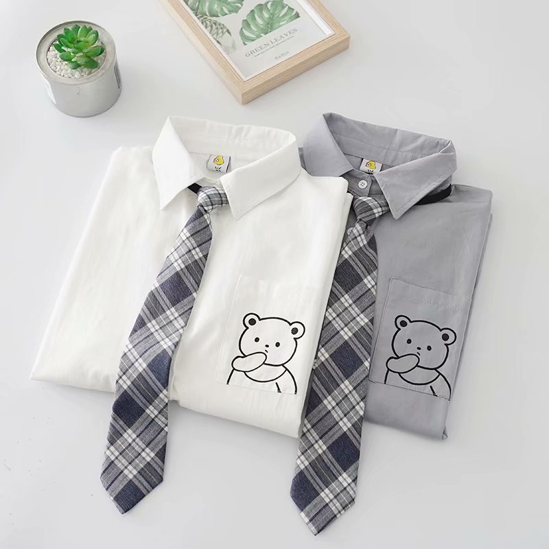 カワイイ レディース 半袖シャツ 学生 カレッジ風 襟付き ネクタイ JK 制服ブラウス932