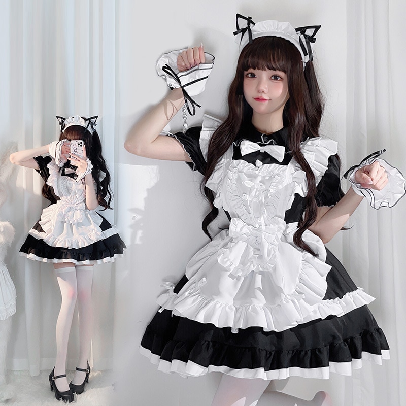 ダークゴシックスタイルの白黒メイド服ロリータロリータアニメコスプレ宮殿コスソフトガールドレス