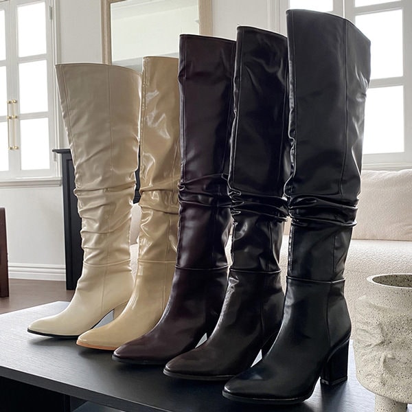 ニーハイブーツ ロング ルーズ レディース ハイヒール 黒 茶色 ワイン ベージュ アイボリー