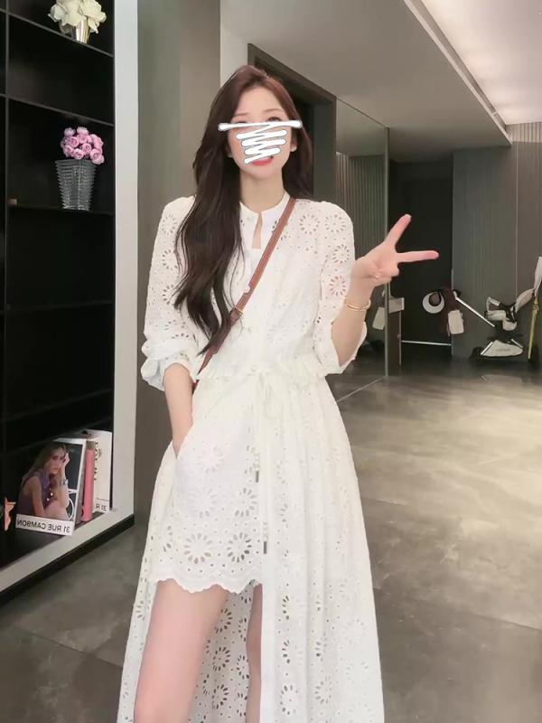 ワンピース ドレス レディース ミューズ フレンチ 白い レースの スカート スーツ. ミディアム 丈の ホロー スリム ロング