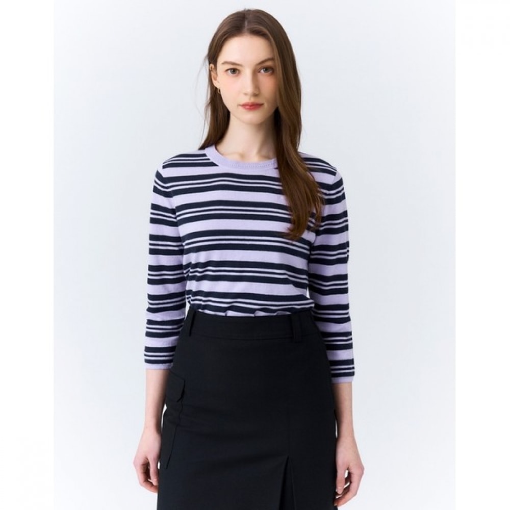 (ヘッジズレディース) 24SS バイオレットデフォルメストライプ 3/4 スリーブセーター HSSW4B201V1